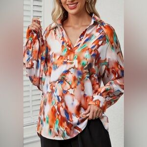 Women’s Tie Dye Print Collared V-Neck Long Sleeve Blouse! Size Small.